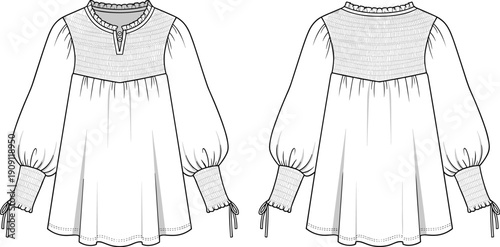 Fashionable Smocked Blouse Technical Drawing: Contemporary Women's Apparel Design with Ruffled Collar and Bishop Sleeves for Fashion Illustrations and Garment Production