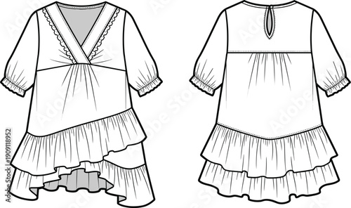 Elegant Tunic Dress Design for Fashion Illustration and Pattern Making, Featuring Ruffle Hem, Gathered Details and V-Neckline for Apparel Industry Projects