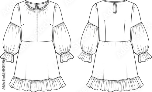 Fashionable Peasant Dress Technical Drawing for Apparel Design and Manufacturing Mockups, Featuring Ruffled Sleeves and Hem for a Boho Chic Style