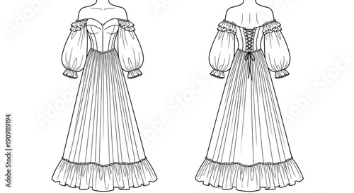 Fashionable Off-Shoulder Corset Gown Sketch: A Captivating Design for Apparel, Costume, and Textile Inspiration in Garment Creation and Fashion Illustration