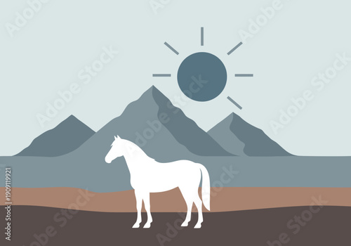 A majestic horse stands silhouetted against a mountain range and a rising sun. A serene landscape scene, perfect for nature, travel, or branding.