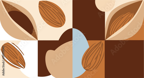 Modern almond promotion banner with geometric shapes and almonds. A professional and stylish design suitable for marketing and branding.