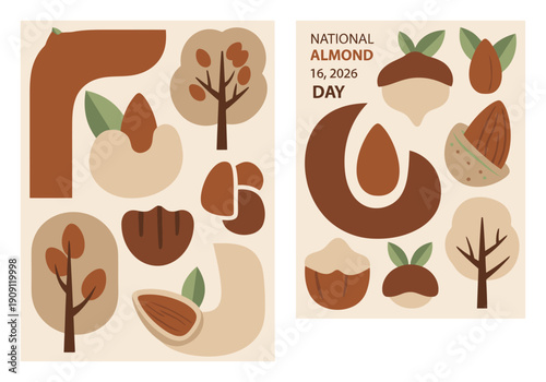 A playful, flat-design poster celebrating National Almond Day. Features almonds, trees, and a stylized 'L' shape, showcasing organic nut elements. Modern, autumnal color palette.