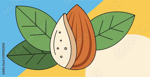 vibrant graphic celebrates International Almond Day! Featuring an almond and leaves against a yellow and blue background Bold typography highlights the date and event