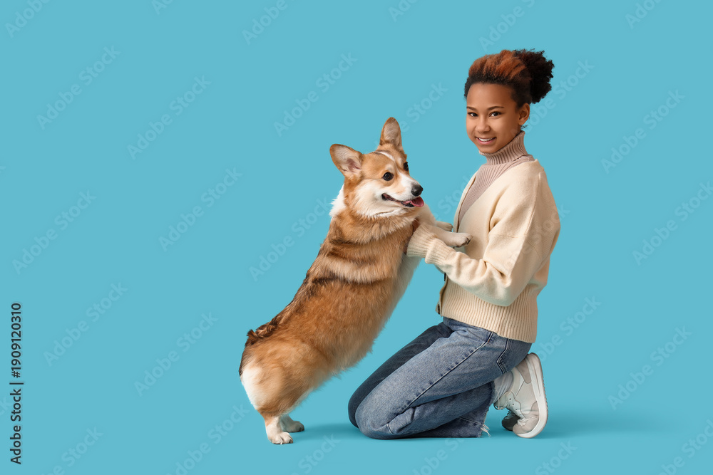 Obraz premium Teenage African-American girl hugging Corgi dog on blue background