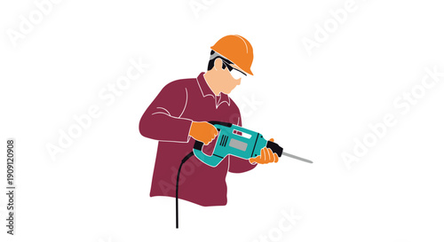 Construction worker using electric drill wearing safety gear  