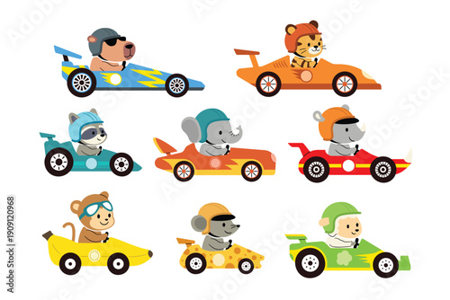 Adorable collection of animals driving colorful race cars in flat cartoon style. Cute Animal Driving Race Cars Flat Vector Illustration Set