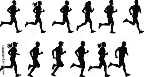 Collection of running people silhouettes set isolated on white background, male and female joggers in motion, marathon athletes sprinting and jogging vector illustration