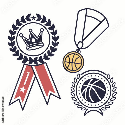 A blue and white image of sports awards and medals