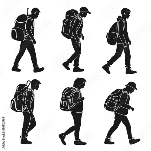 A set of silhouettes of people walking with backpacks