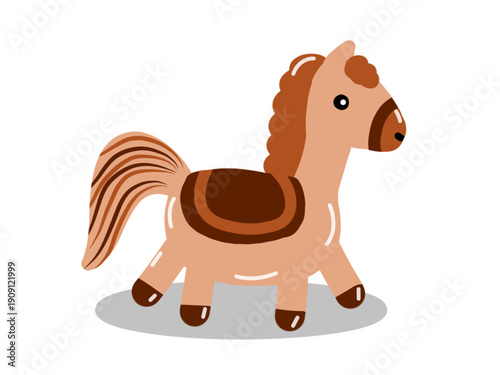 Cartoon illustration of a cute light brown horse with a dark brown saddle and brown mane