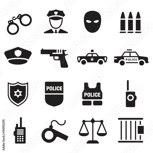 Law enforcement icons set including police badge and handcuffs.