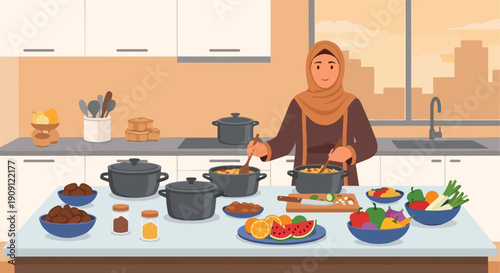 Illustration of a woman in a hijab cooking a healthy meal in a bright kitchen. Fresh produce, spices, and cookware arranged, emphasizing wholesome preparation
