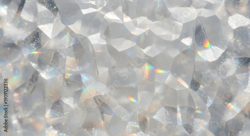 Close-up of a crystal surface with sharp facets and scattered rainbow light refractions, creating a dazzling and luxurious abstract background.