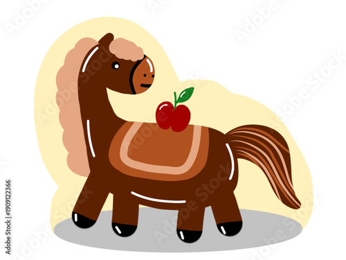 Cute cartoon illustration of a brown horse with saddle and an apple on its back.