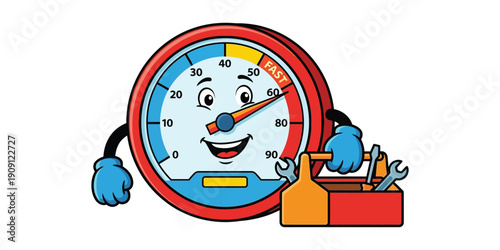 A cartoon pressure gauge with a smiling face and tools nearby in a workshop setting viewed from the front