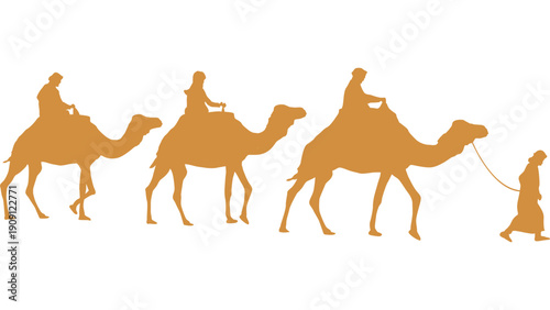 Camel caravan procession scene with riders, camels, and a walking figure, depicted in a simple illustration style from a side viewpoint.