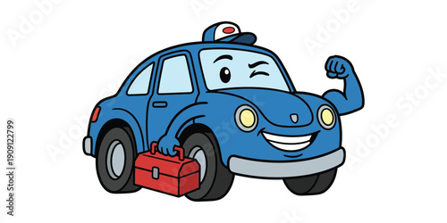 A cartoon car with a smiling face and flexed arm, next to a red battery pack, on a plain white background