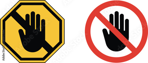 Do not touch warning sign illustration set, prohibition safety symbols with hand icon, stop caution design, flat vector artwork collection, yellow and red