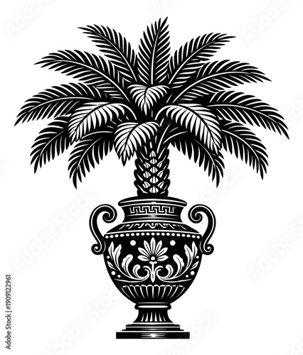 Stylized illustration of a palm tree in an ornate urn depicting tropical flora for decorative design