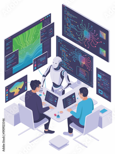 Robot and human developers collaborating on futuristic technology programming artificial intelligence coding software development in modern office workspace for technology innovation science and data