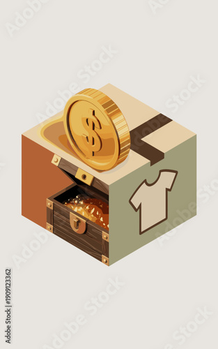Treasure chest overflowing with gold coins and jewels opening from a cube box with t-shirt icon and dollar coin on top representing e-commerce retail sales success and financial profit wealth concept