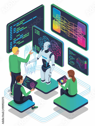 Artificial intelligence team collaborating on futuristic robot development analyzing data and coding programming machine learning innovation technology concept isometric illustration for business pres