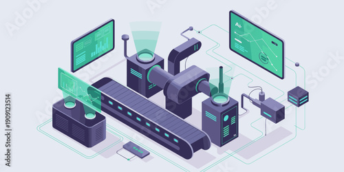 Automated manufacturing assembly line with digital data visualization screens showing analytics and charts for industrial production process optimization and smart factory technology innovation concep