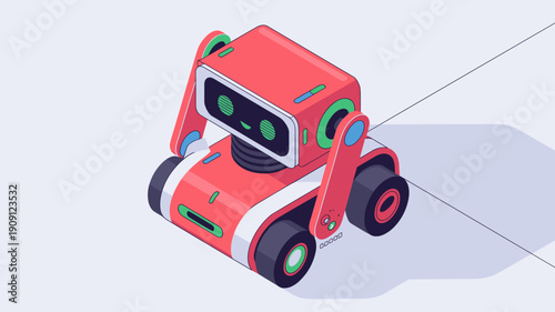 Red cartoon robot character friendly smiling face on wheels moving forward in a minimalist isometric environment representing future technology innovation and artificial intelligence for digital prese