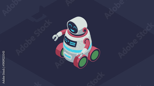 Friendly cartoon robot character smiling and waving arm in isometric 3D illustration for technology concept futuristic automation AI helper assistant with wheels and digital screen for business presen