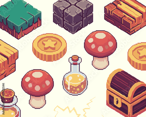 Pixel art game assets isometric collection featuring treasure chest gold coins potion bottles red mushrooms wooden crates stone blocks and grass tiles for retro video game development and fantasy adve