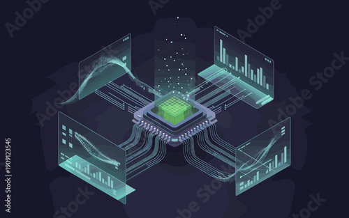 Central processing unit chip analyzing data streams with holographic charts and digital wave patterns processing information for futuristic technology and artificial intelligence concepts in a modern