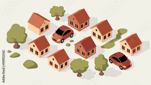 Isometric suburban neighborhood street scene with small houses trees and cars illustration representing residential property real estate development urban planning and community living vector graphic