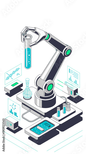 3D robotic arm precisely manipulating test tube in advanced laboratory science research facility automating experiments with futuristic technology and data analysis displays for medical and pharmaceut