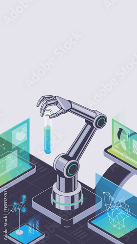 Robotic arm holding test tube in futuristic laboratory with holographic displays showing scientific data and molecular structures for biotechnology research and development innovation concept