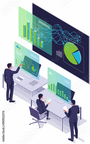 Diverse business professionals analyzing financial data charts graphs on futuristic holographic screens collaborating in modern office space for corporate presentations technology innovation strategy