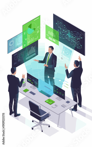 Business professionals analyzing holographic data displays in a modern office boardroom with interactive charts graphs and network visualizations for corporate strategy planning teamwork and technolog