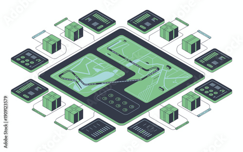 Isometric 3D logistics network diagram illustrating global supply chain management with interconnected delivery boxes digital interface and map visualization for transportation industry technology con