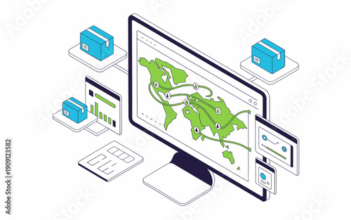 Global logistics network visualization on computer screen showing international shipping routes and delivery packages with data analytics dashboards for supply chain management and distribution tracki