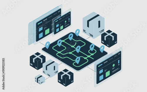 Isometric logistics network map with delivery boxes and digital dashboard interface showing route planning and tracking for global supply chain management and e-commerce solutions technology concept i