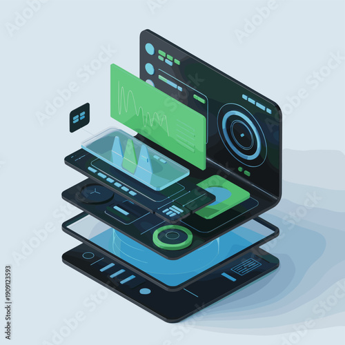 Abstract 3D data visualization layers with graphs and charts on dark futuristic interface for technology business presentation scientific analysis and digital innovation concept