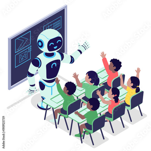 Friendly robot teacher leading interactive lesson in modern classroom with diverse children raising hands eager to learn about technology and AI education concept for future learning and digital schoo