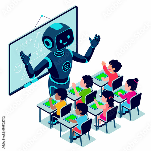 Futuristic robot teacher educating diverse children in modern classroom using tablets technology innovation learning concept for educational presentations digital transformation school science future