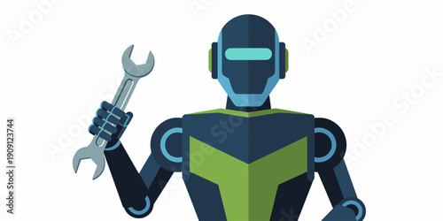 Futuristic robot holding a wrench tool for repair and maintenance service concept modern android character illustration for technology and industry presentations business automation and engineering so