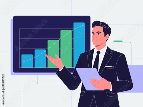 Professional businessman presenting financial growth chart data on digital screen holding tablet computer modern office meeting corporate strategy planning success concept illustration for business pr