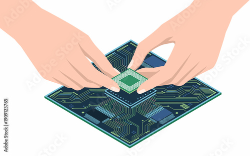 Hands assembling a central processing unit CPU onto a detailed electronic circuit board motherboard with intricate pathways and components representing technology innovation and computer hardware engi