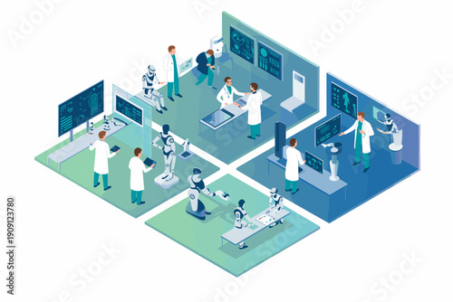Scientists collaborating with advanced robots in modern futuristic laboratory research centers developing artificial intelligence and future technology innovation for healthcare and science industries
