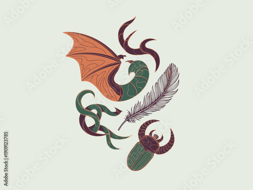 Mythical creature dragon wing and scarab beetle with feather illustration stylized ancient Egyptian symbols and mystic fantasy elements for esoteric art and spiritual design abstract graphic motif