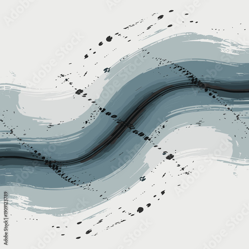 Abstract fluid wave brush stroke graphic design with ink splatter elements in calming blue and grey tones modern artistic background for creative projects and technology concepts