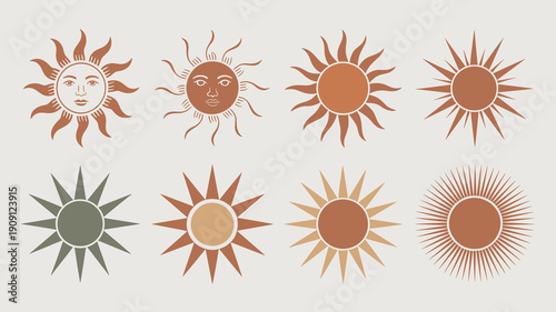 Set of eight sun illustrations in modern bohemian boho style featuring celestial solar symbols with faces and abstract rays in earthy terracotta and sage green tones for decorative graphic design elem
